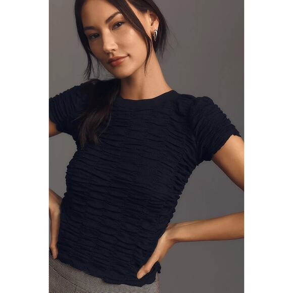 By Anthropologie Black Ruched Baby Tee Size Small NWT - Picture 1 of 8